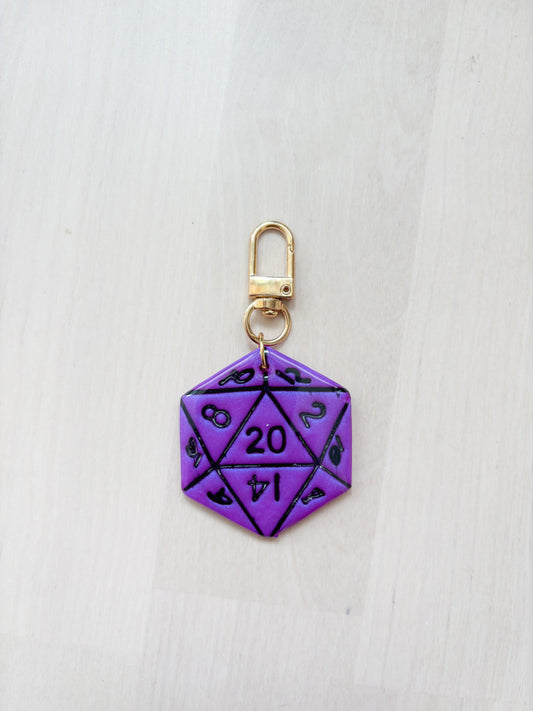 D20 Dice Keychain – Purple RPG Charm, Handmade Gamer Bag Charm, Dungeons & Dragons Inspired Accessory