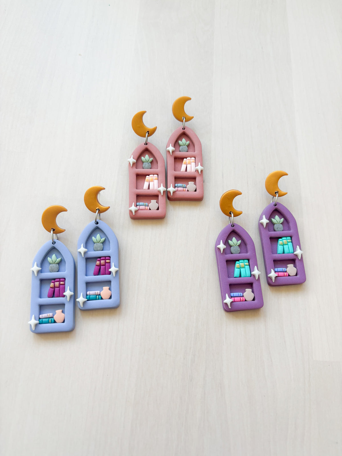 Moon Bookshelf Arch Earrings – Handmade Polymer Clay Reader Statement Jewelry