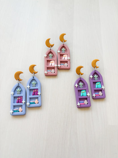 Moon Bookshelf Arch Earrings – Handmade Polymer Clay Reader Statement Jewelry