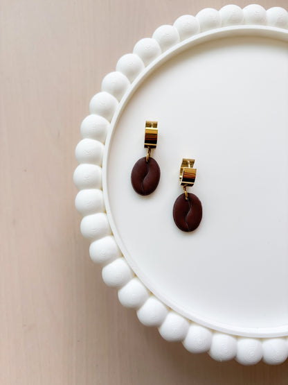 Handmade Coffee Bean Earrings | Polymer Clay Coffee Lover Jewelry | Gold Stainless Steel Hoops