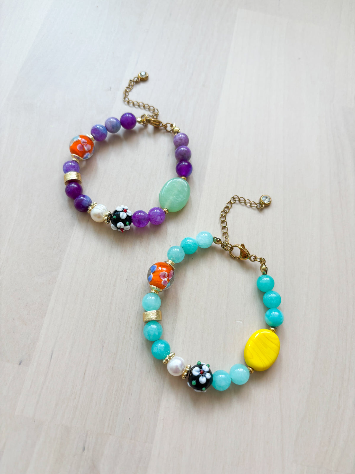 Colorful Beaded Bracelet – Glass, Pearl & Stone Bracelet, Gold Stainless Steel Statement Jewelry