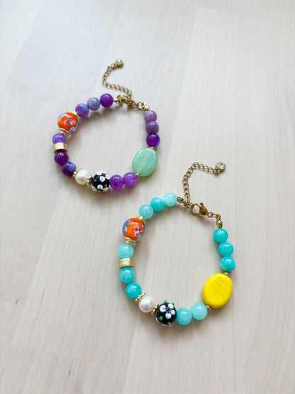Colorful Beaded Bracelet – Glass, Pearl & Stone Bracelet, Gold Stainless Steel Statement Jewelry