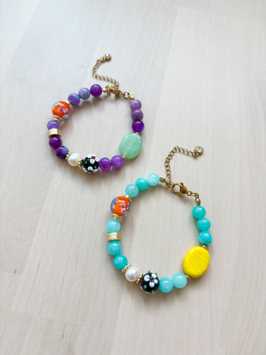 Colorful Beaded Bracelet – Glass, Pearl & Stone Bracelet, Gold Stainless Steel Statement Jewelry