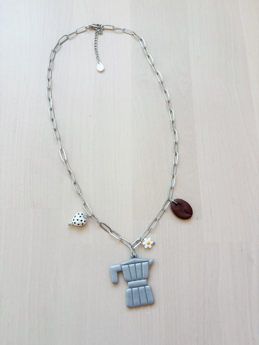 Greca Moka Pot Coffee Necklace | Handmade Polymer Clay Charm Necklace | Stainless Steel