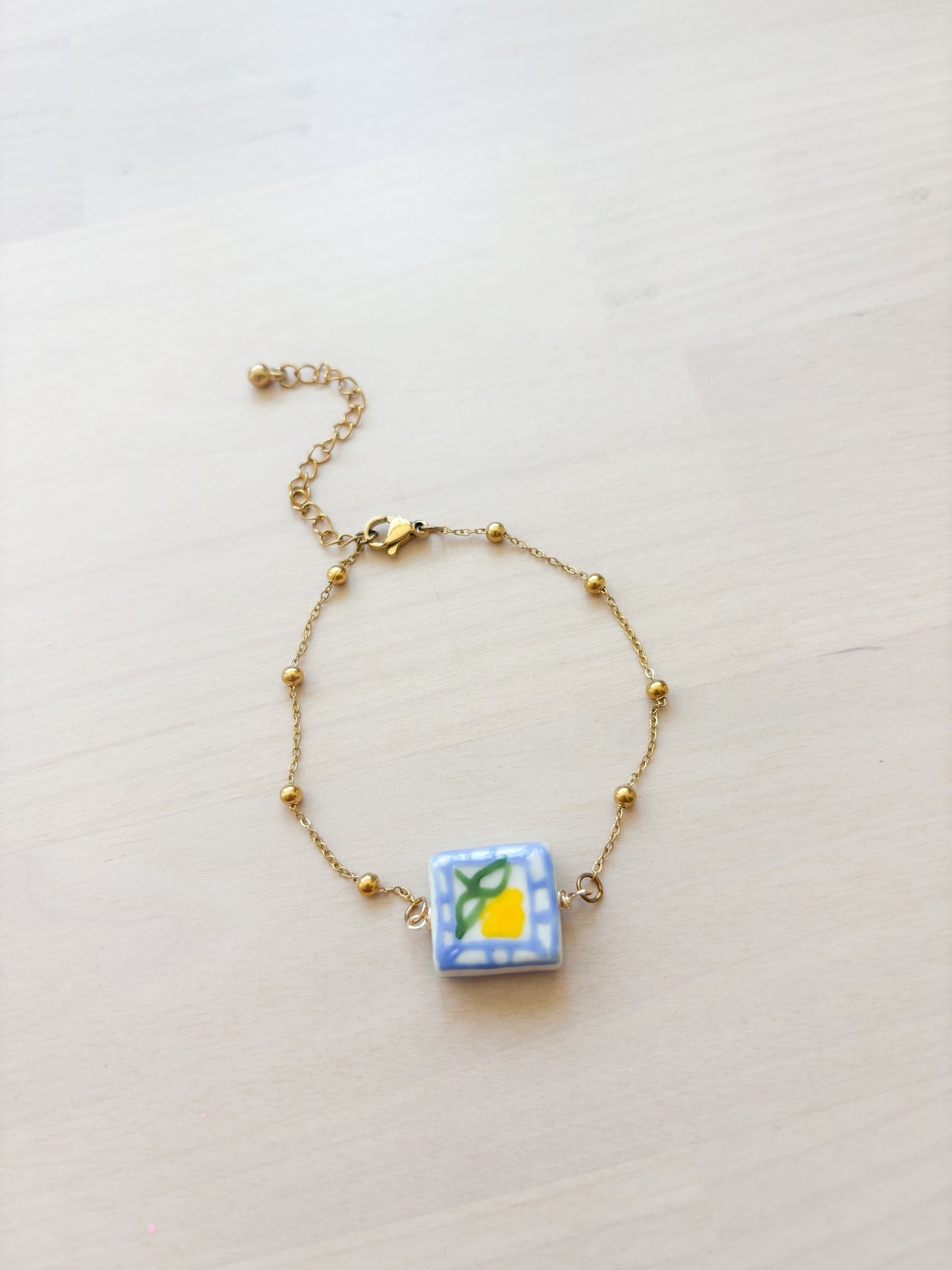 Lemon Ceramic Charm Bracelet – Dainty Stainless Steel Bracelet, Minimal Fruit Jewelry (Gold or Silver)