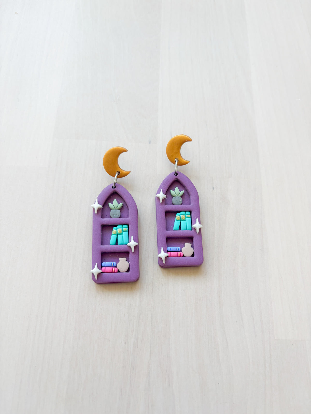 Moon Bookshelf Arch Earrings – Handmade Polymer Clay Reader Statement Jewelry
