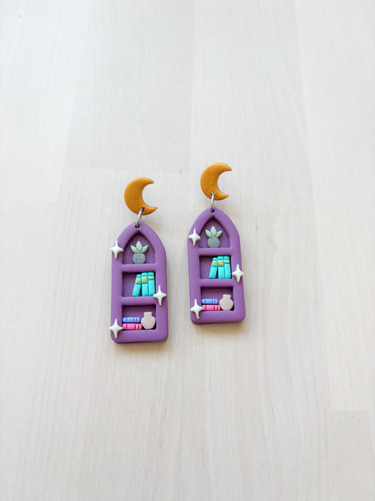 Moon Bookshelf Arch Earrings – Handmade Polymer Clay Reader Statement Jewelry
