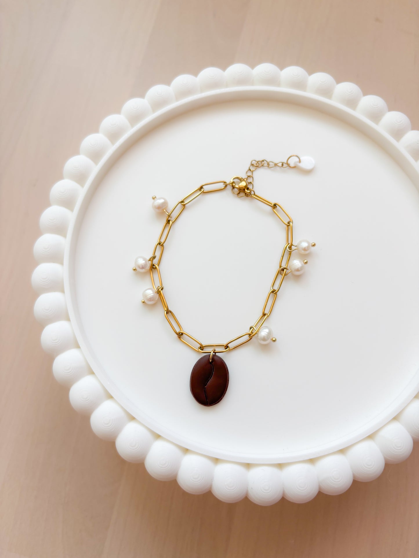 Coffee Bean Charm Bracelet with Freshwater Pearls | Gold Stainless Stee