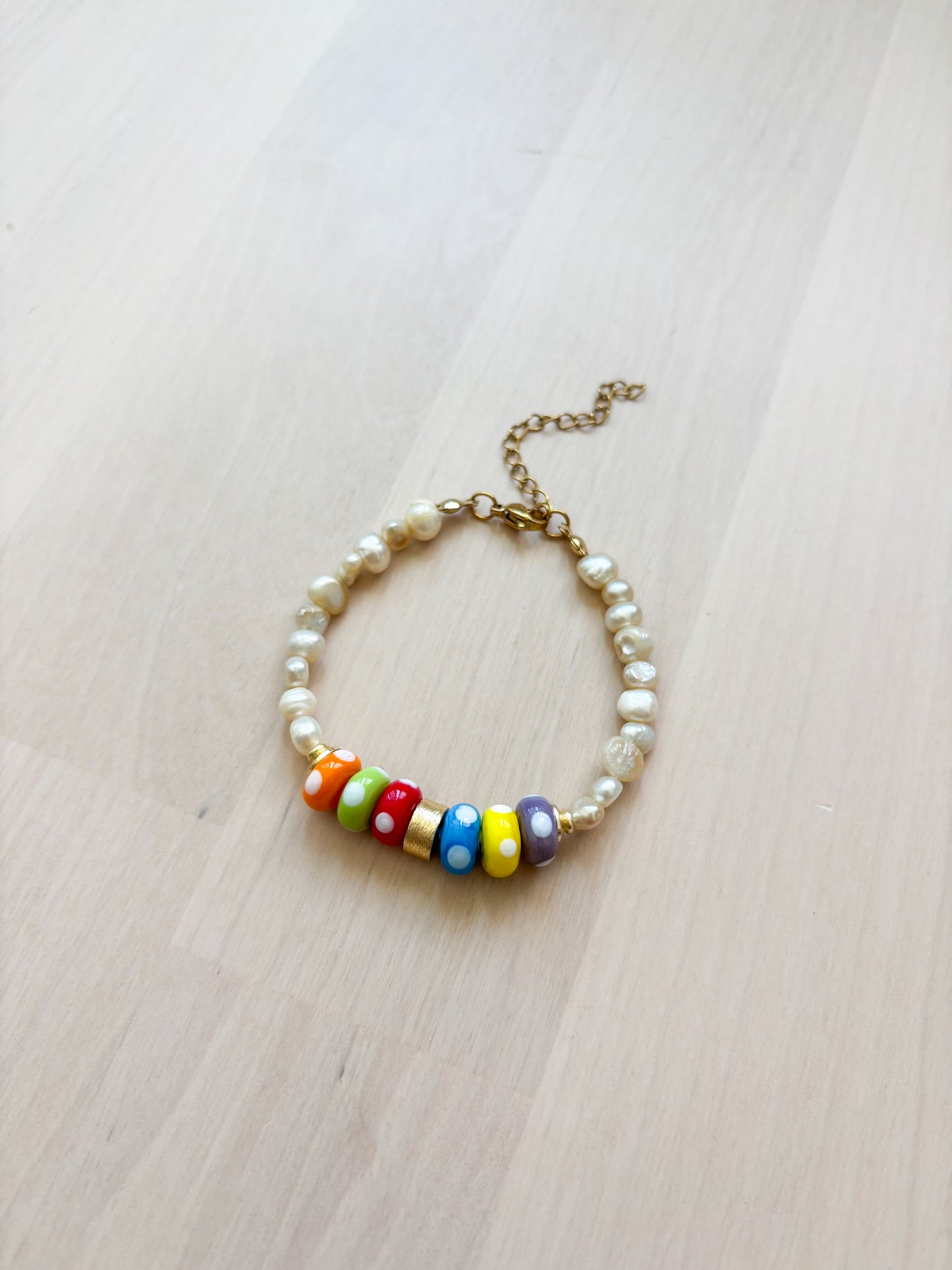 Freshwater Pearl Bracelet with Colorful Ceramic Beads – Gold Accent, Handmade Statement Jewelry