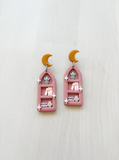 Moon Bookshelf Arch Earrings – Handmade Polymer Clay Reader Statement Jewelry