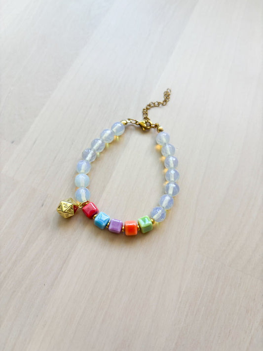 D20 Dice Charm Bracelet – Glass Beads & Ceramic Details, Gold Stainless Steel Gamer Bracelet