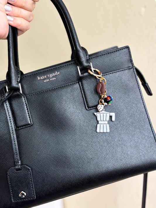 Coffee Lover Bag Charm – Polymer Clay & Crystal Keychain, Cute Purse Charm, Unique Coffee Accessory