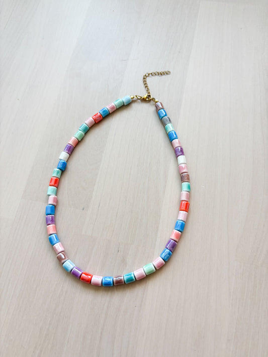 Colorful Ceramic Beaded Necklace – Pastel Multicolor Choker, Stainless Steel Adjustable Chain