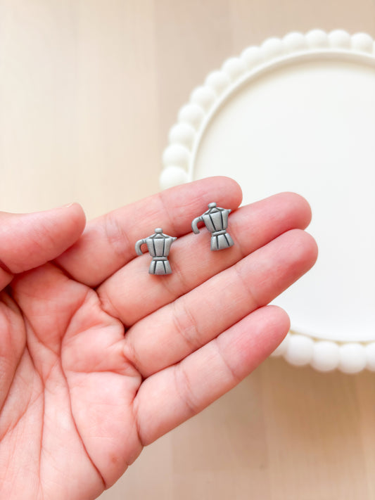 Graca Moka Pot Stud Earrings | Handmade Polymer Clay Coffee Earrings | Stainless Steel