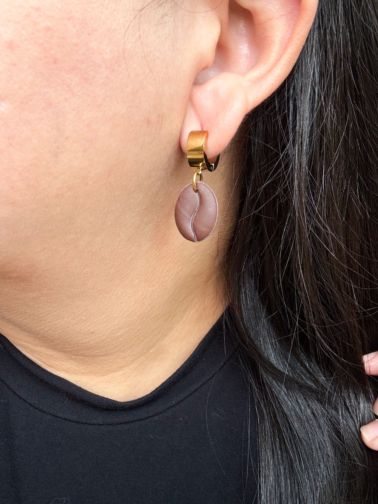 Handmade Coffee Bean Earrings | Polymer Clay Coffee Lover Jewelry | Gold Stainless Steel Hoops