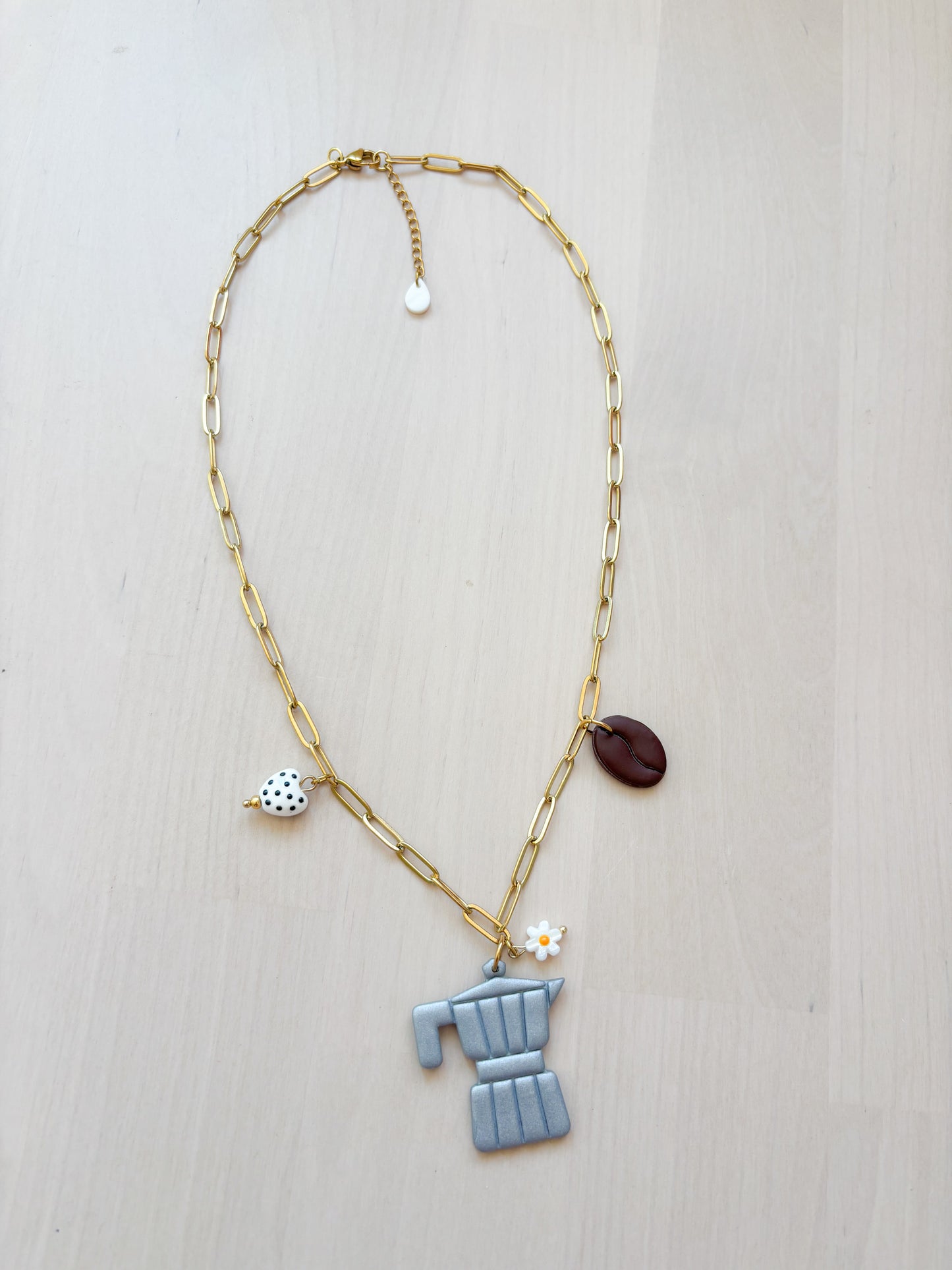 Greca Moka Pot Coffee Necklace | Handmade Polymer Clay Charm Necklace | Stainless Steel