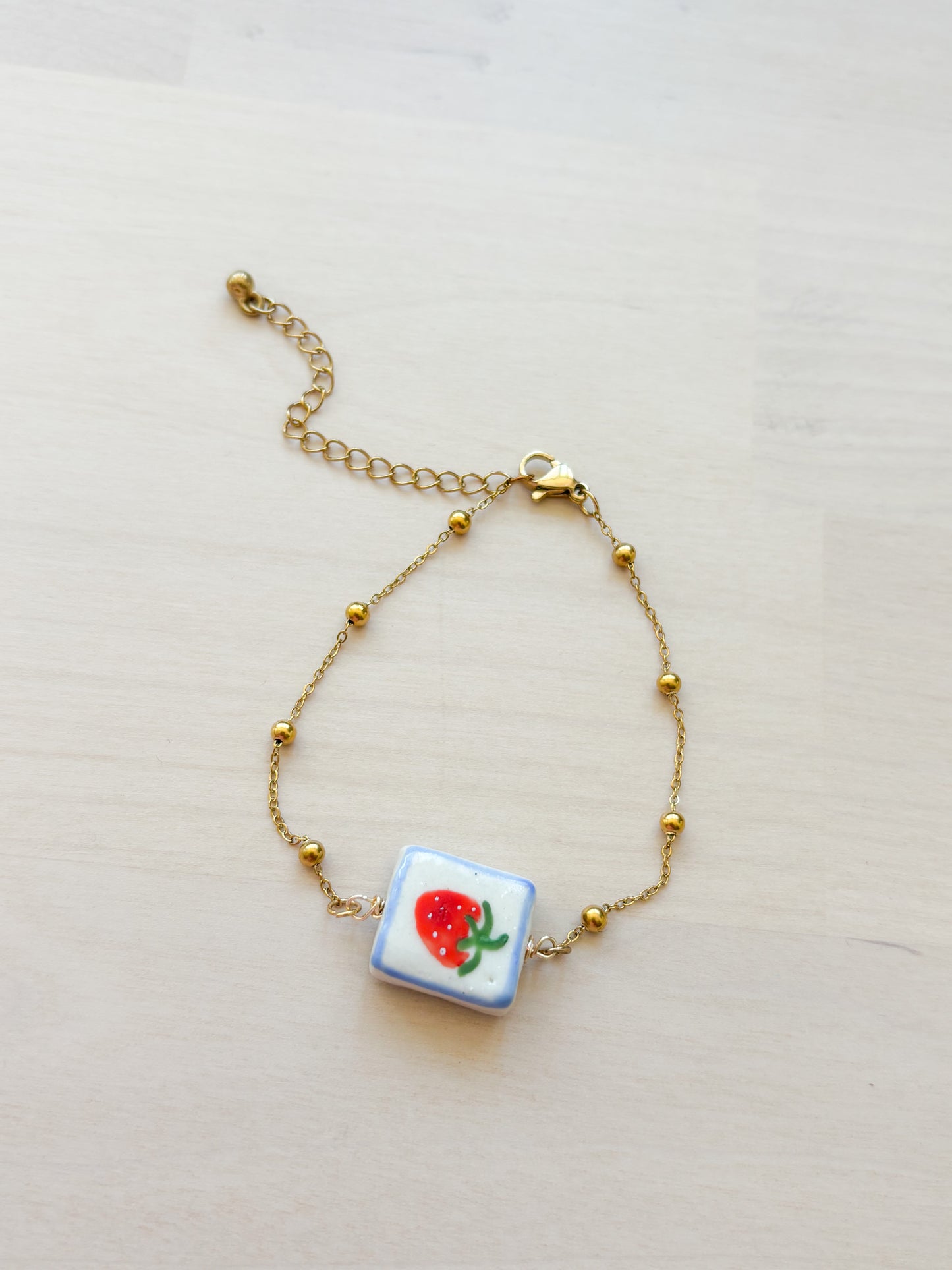 Strawberry Ceramic Charm Bracelet – Gold Chain Dainty Bracelet, Minimal Handmade Jewelry