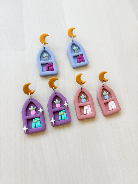 Moonlit Bookshelf Window Earrings – Handmade Polymer Clay Celestial Book Lover Jewelry