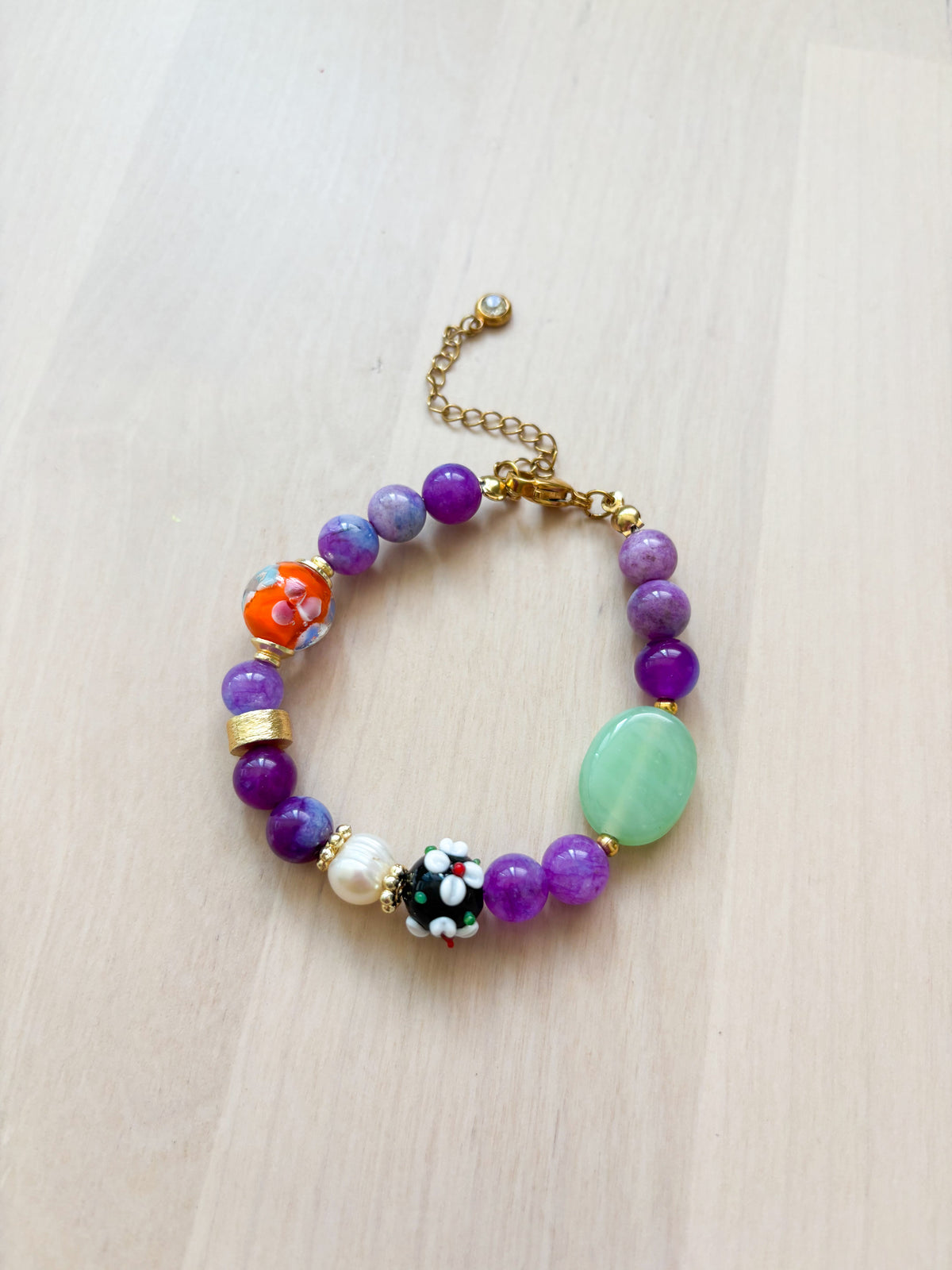 Colorful Beaded Bracelet – Glass, Pearl & Stone Bracelet, Gold Stainless Steel Statement Jewelry
