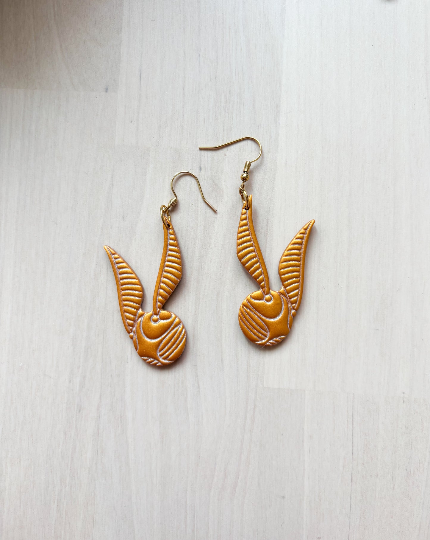 Golden Winged Ball Earrings – Fantasy Inspired Polymer Clay Jewelry, Stainless Steel Hooks, Magical Statement Earr