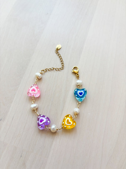 Colorful Glass Heart Bracelet – Freshwater Pearl Bracelet, Gold Stainless Steel Dainty Jewelry