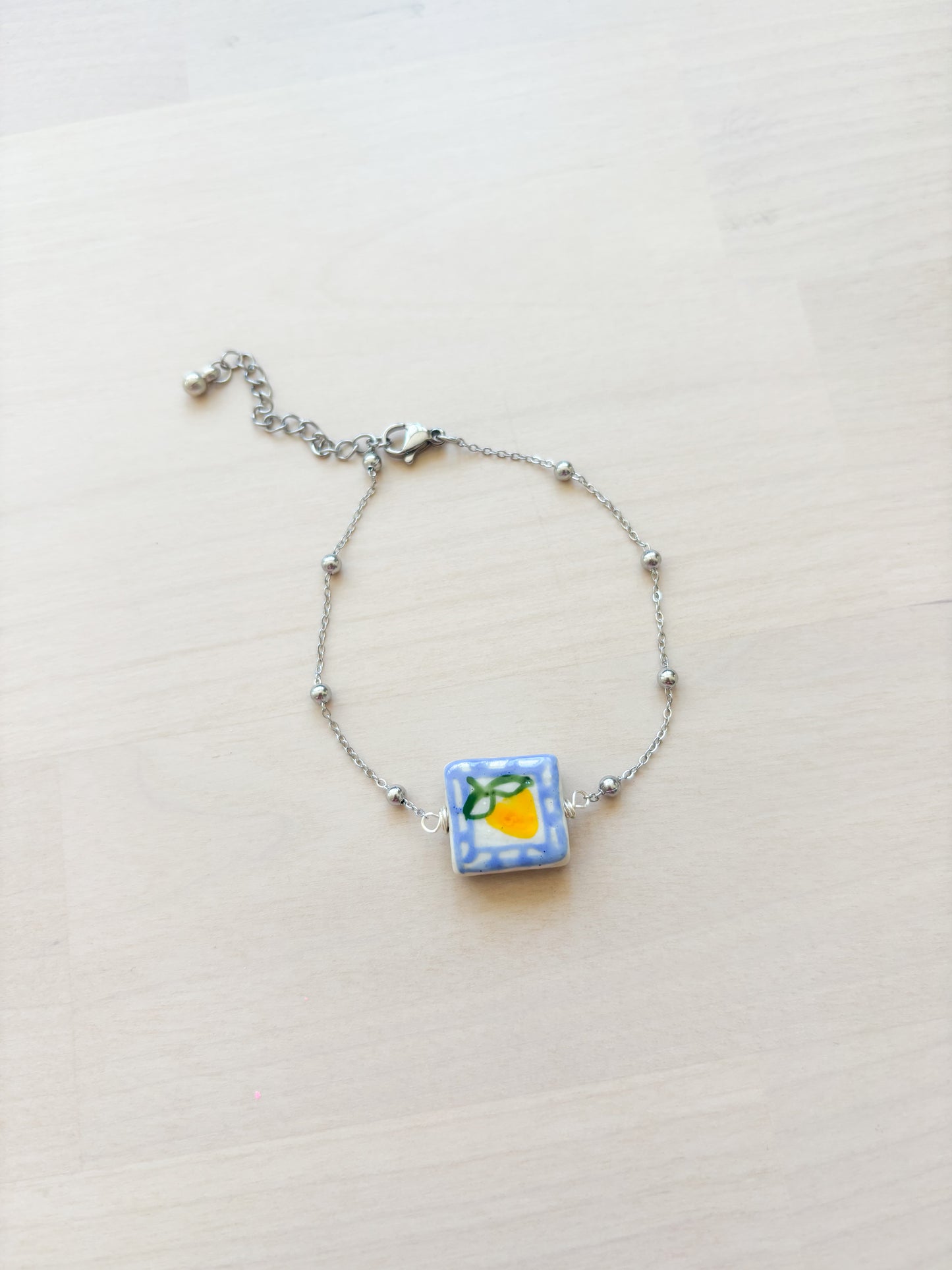 Lemon Ceramic Charm Bracelet – Dainty Stainless Steel Bracelet, Minimal Fruit Jewelry (Gold or Silver)