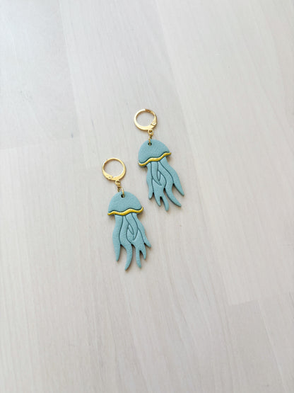 Jellyfish Earrings – Ocean Inspired Polymer Clay Jewelry, Handmade Gold Dangle Earrings