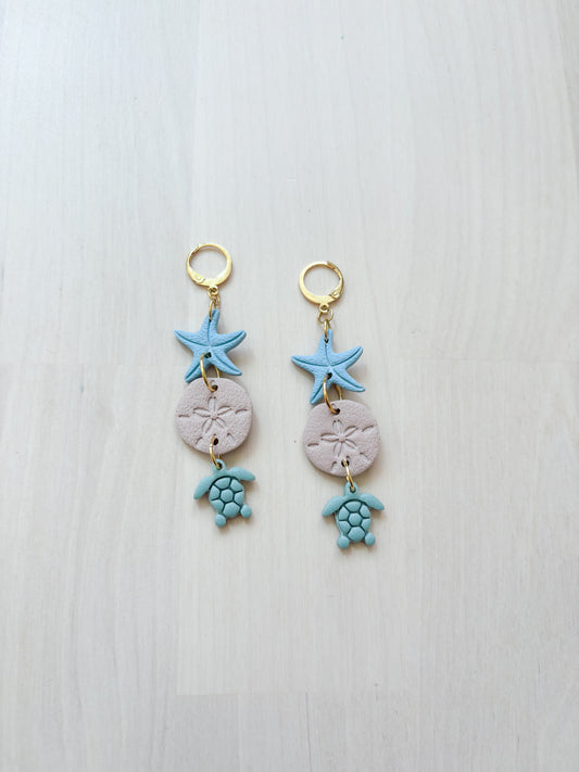 Sea Turtle Earrings – Ocean Inspired Polymer Clay Dangle Earrings, Starfish Sand Dollar Beach Jewelry